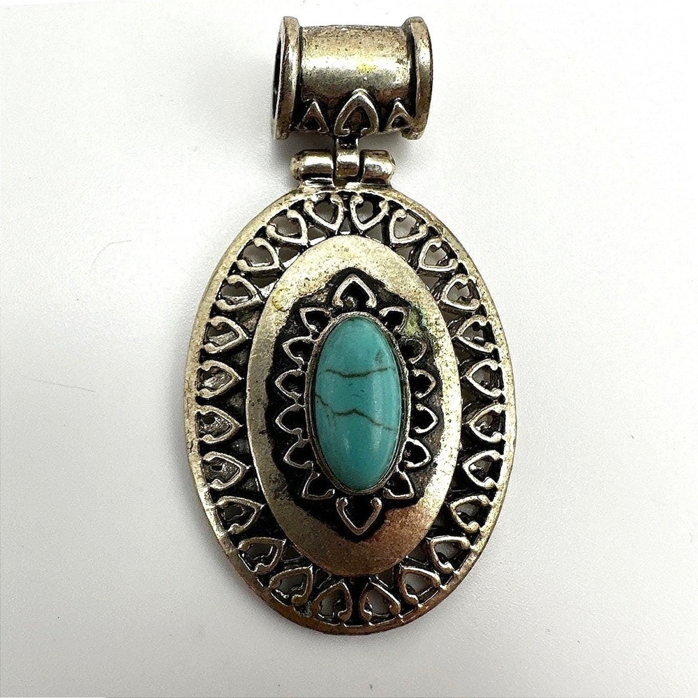 Vintage 90s Blue Stone Faux Turquoise Oval Pendant Bronze Tone Women's Jewelry